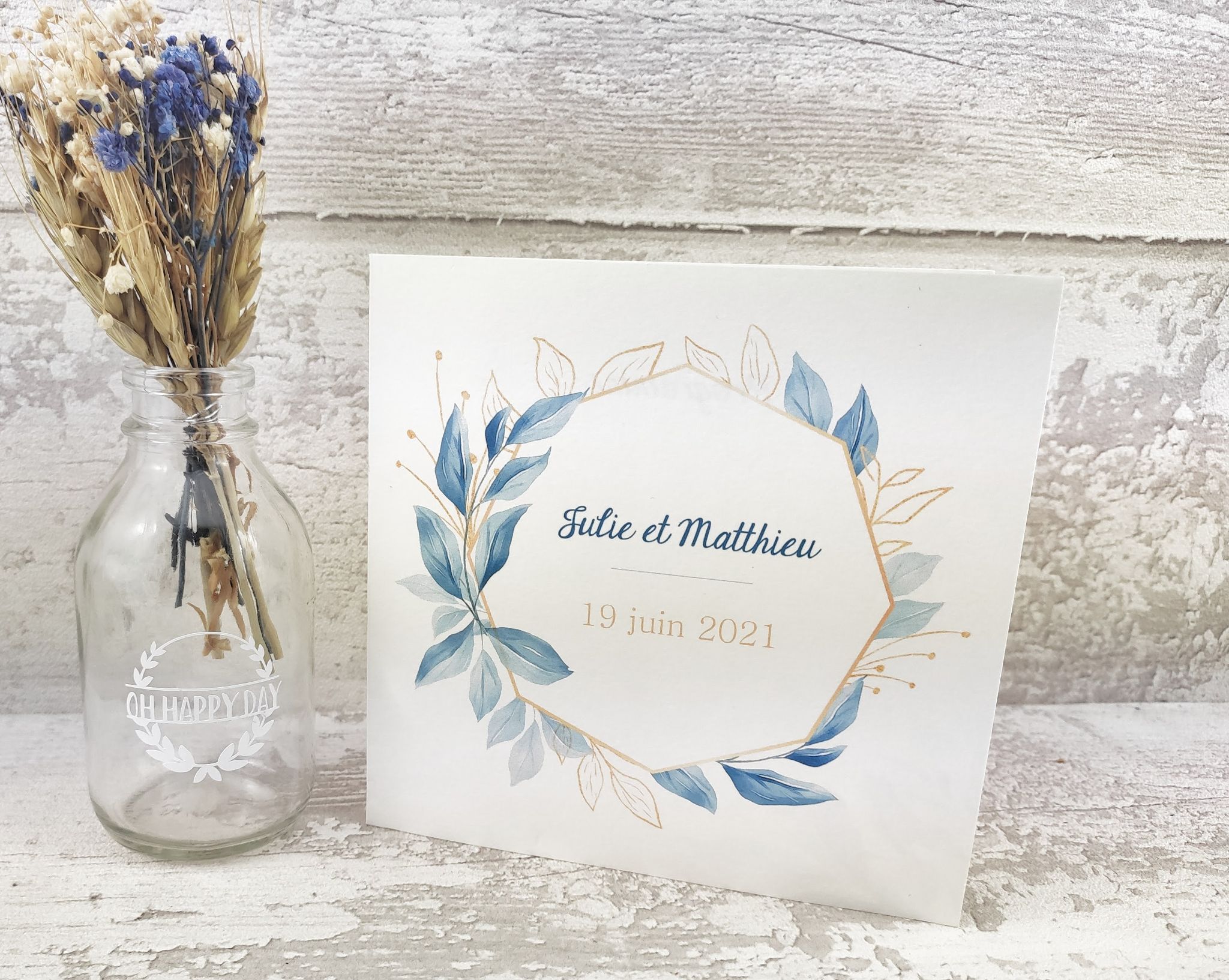 Faire part mariage couronne fleurs bleu or